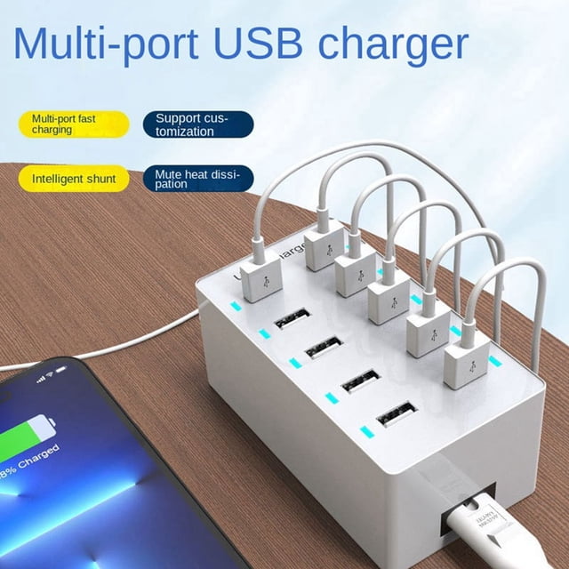 Cargador Multipuerto USB de 50 W Cargador de Carga RáPida Hub Cargador de Carga RáPida de 10 Puertos Cargador de Base de Carga de Escritorio Blanco (UE)