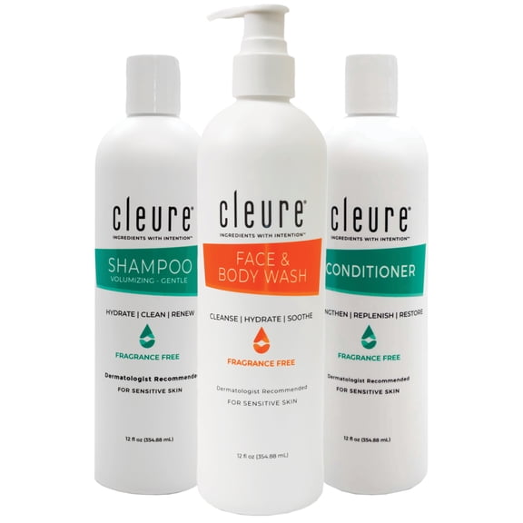 Cleure Fragrance-Free Shower Set – Hypoallergenic Face & Body Wash, Shampoo & Conditioner for Sensitive Skin, 3-Pack (12 fl oz Each)