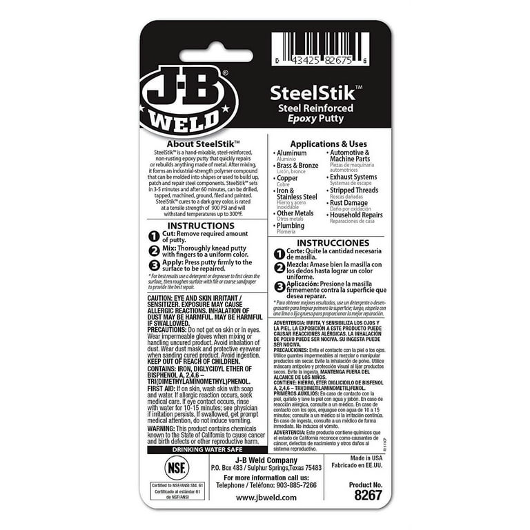 JB Weld SteelStik, 1 Hour Cure, Steel Reinforced Epoxy Putty Stick - 2  Pack, Dark Grey (8267-2)
