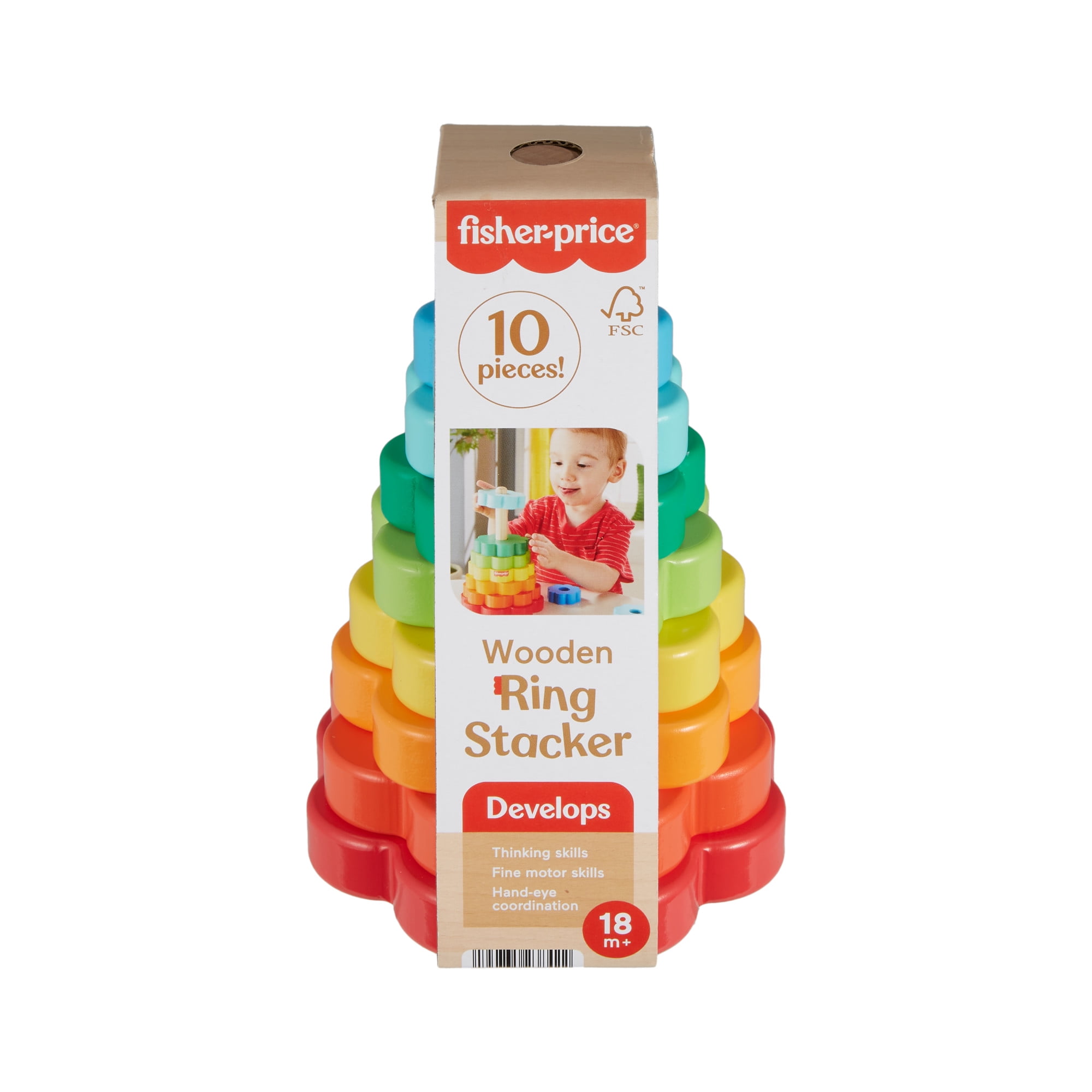 Fisher-Price Wooden Rainbow Ring Stacking Toy, Fine Motor Skills for Toddlers 18 month, 26 Wood Pieces