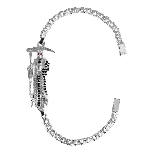 Pulsera Santa Muerte Esclava Zirconias Plata Solida Ley S925 negro Largo/Ancho: 20 cm x 4 mm