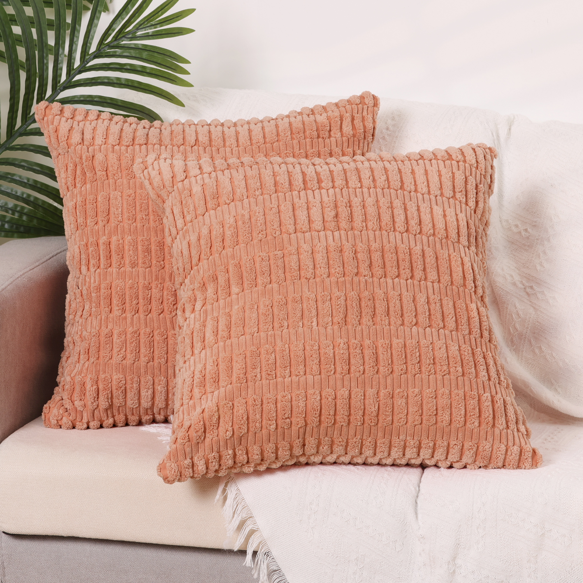 Unique Bargains Corduroy Soft Square Cushion Covers Modern Throw Pillow Covers (2 Count) Light Orange 18"x18"