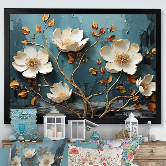 Designart "Poppies in Blue White and Blue Ambiance" Floral Framed Wall Art Decor - Modern Farmhouse White Abstract Floral Entryway Framed Wall Art