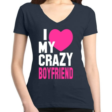 Shop4Ever Women's I Love My Crazy Boyfriend Matching Couples Slim Fit V-Neck