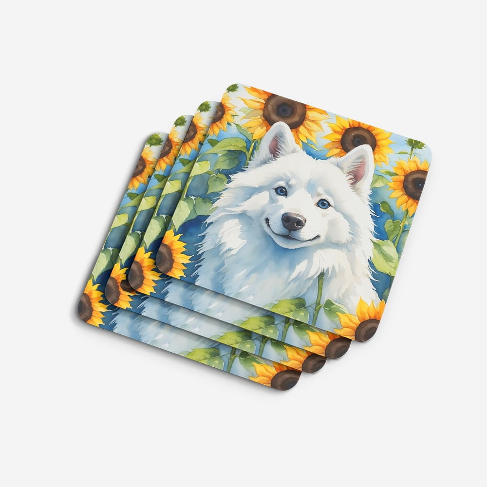 American Eskimo in Sunflowers Foam Coasters 3.5 in x 3.5 in
