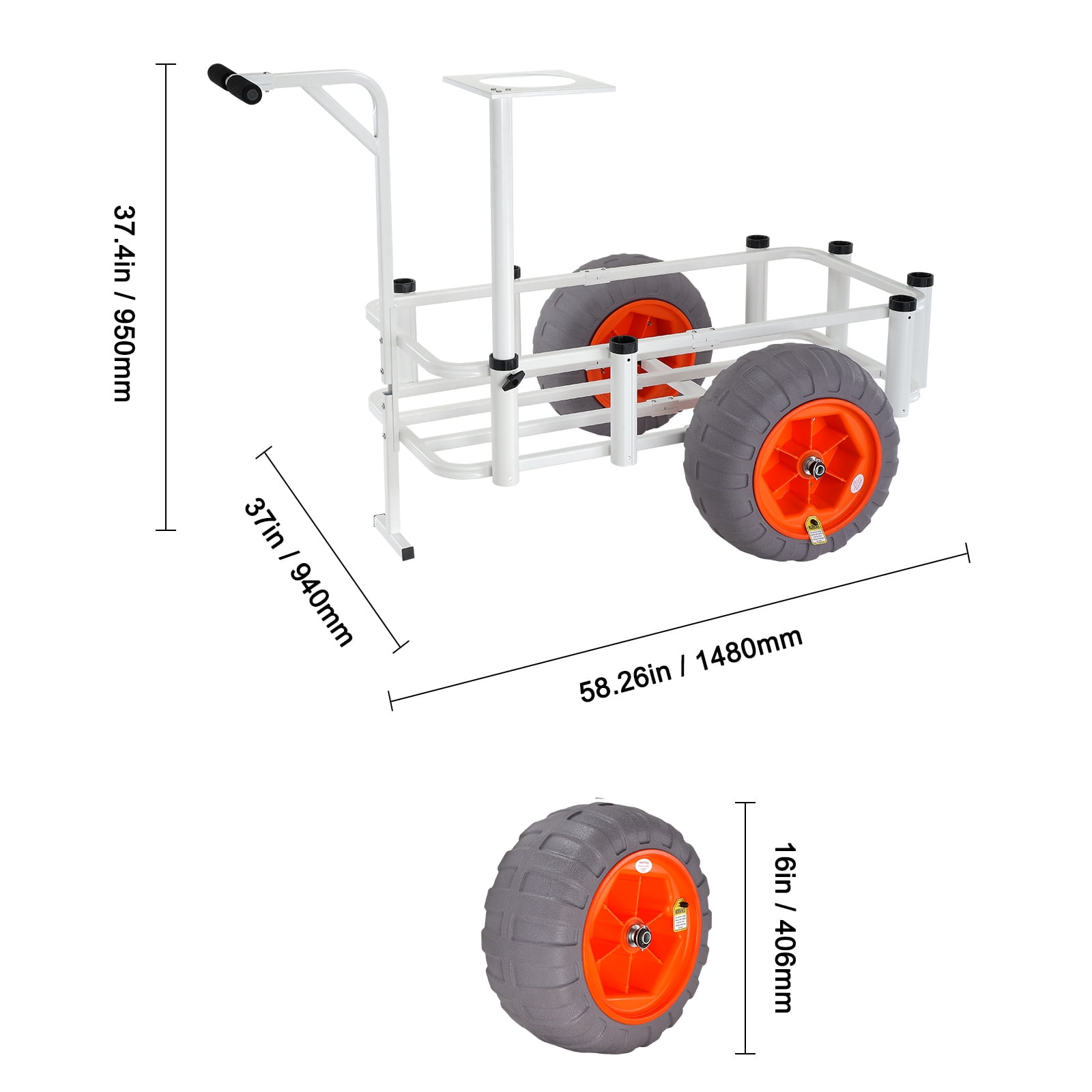 KFFKFF Sand Fishing Trolley, 350 lbs Capacity, Marine and Fish Cart with Dual 16" PU Balloon Wheels, Sturdy Aluminum Construction, 8 Rod Holders, Ideal for Fishing and Picnics