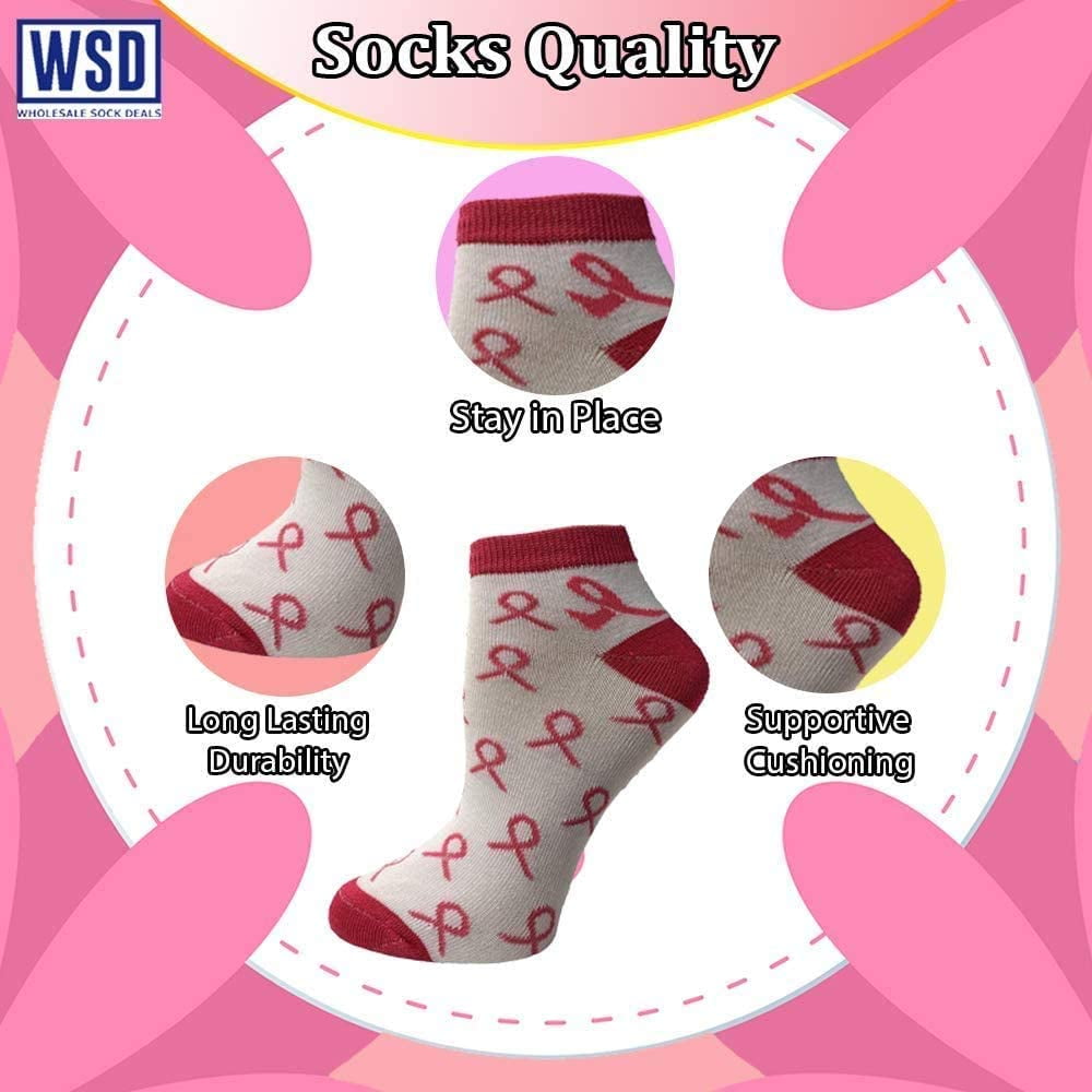 YACHT & SMITH Pink Ribbon Breast Cancer Awareness Ankle/Crew Socks for Women (12 Pairs Assorted A (Ankle) Women (9-11))
