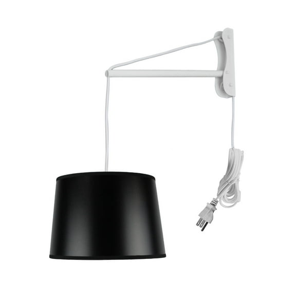 MAST Plug-In Wall Mount Pendant, 1 Light White Cord/Arm, Black Shallow Drum Shade 10x12x08
