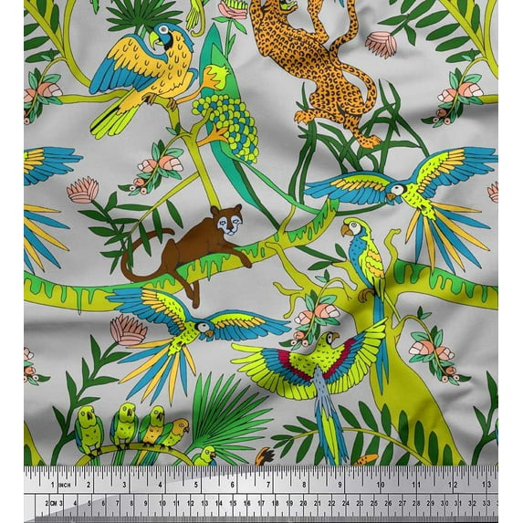 Soimoi Viscose Chiffon Fabric Branches,Parrot & Leopard Jungle Printed Fabric 1 Yard 42 Inch Wide