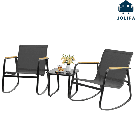 Outdoor Rocking Chair Set with Side Table - 3 Pieces Patio Furniture Sets for Deck, Porch, Garden,Black