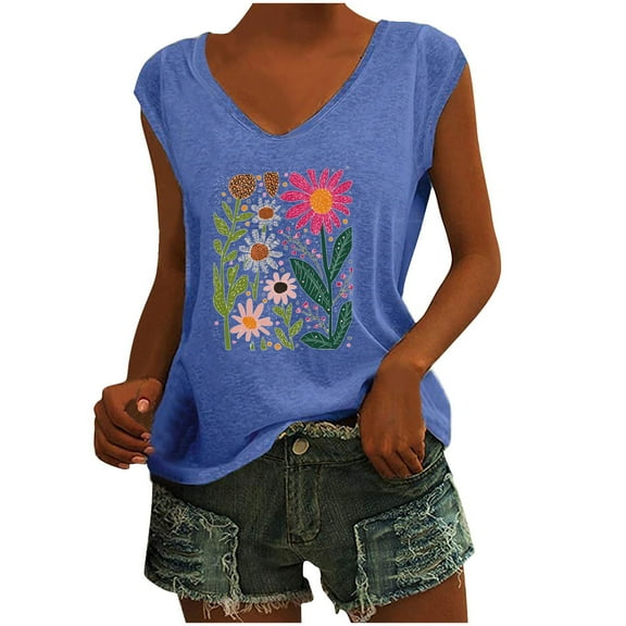 Womens Vintage Flowers V Neck Printed Shirt Funny Boho Graphic Tee Casual Short Sleeve Blue L