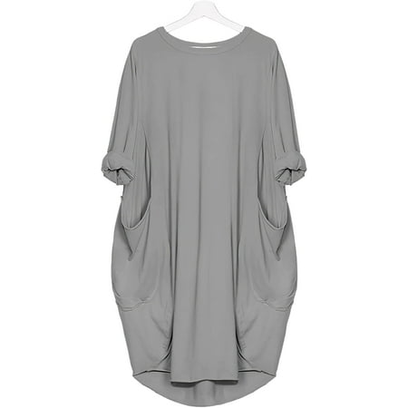 

PIKADINGNIS Womens Solid Color Loose Crewneck Basic Dress Summer Casual Mid-Length Long Sleeve Dresses for Women with Pockets