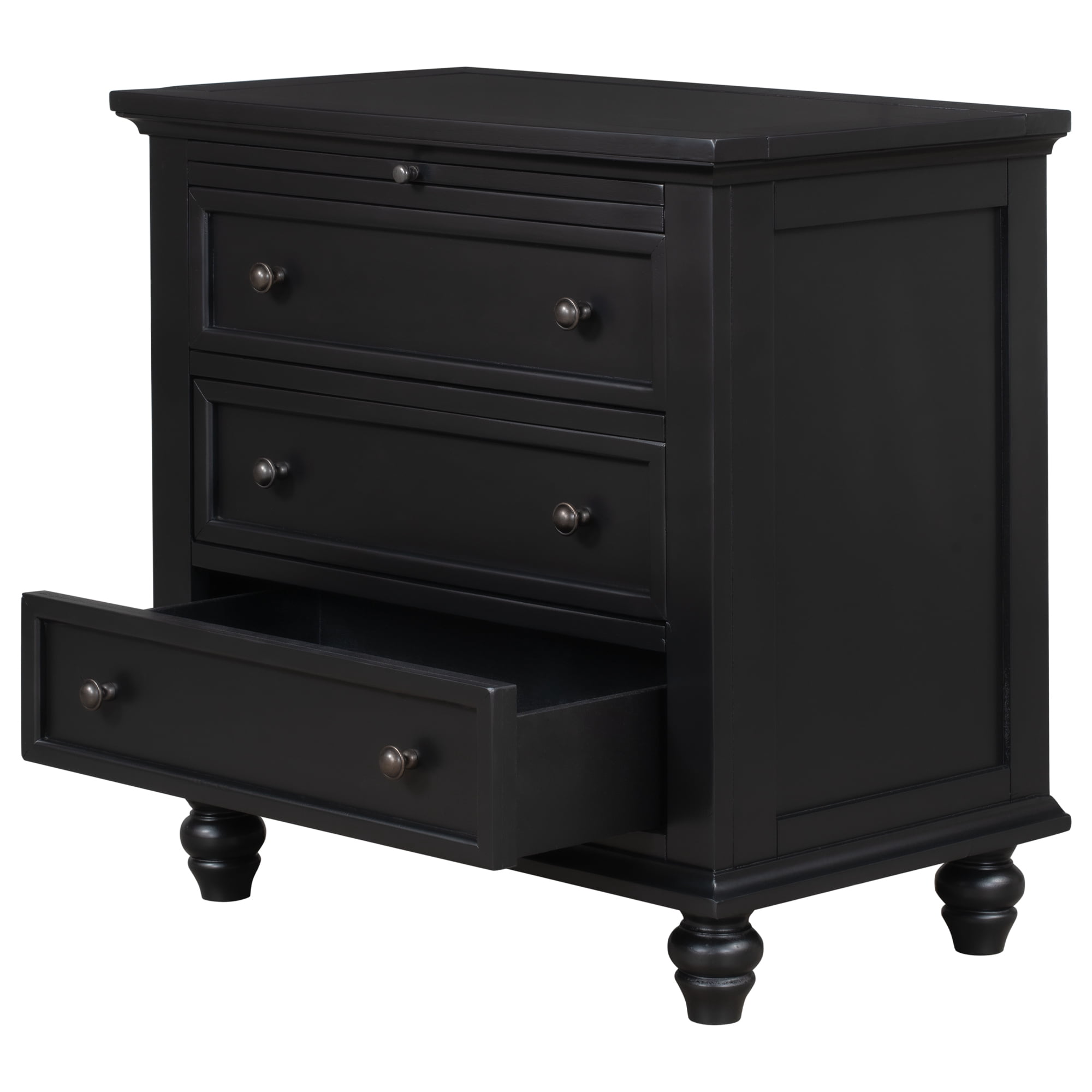 Euroco 28" Nightstand with Pull Out Tray 3 Drawers Rubber Wood Legs, Black