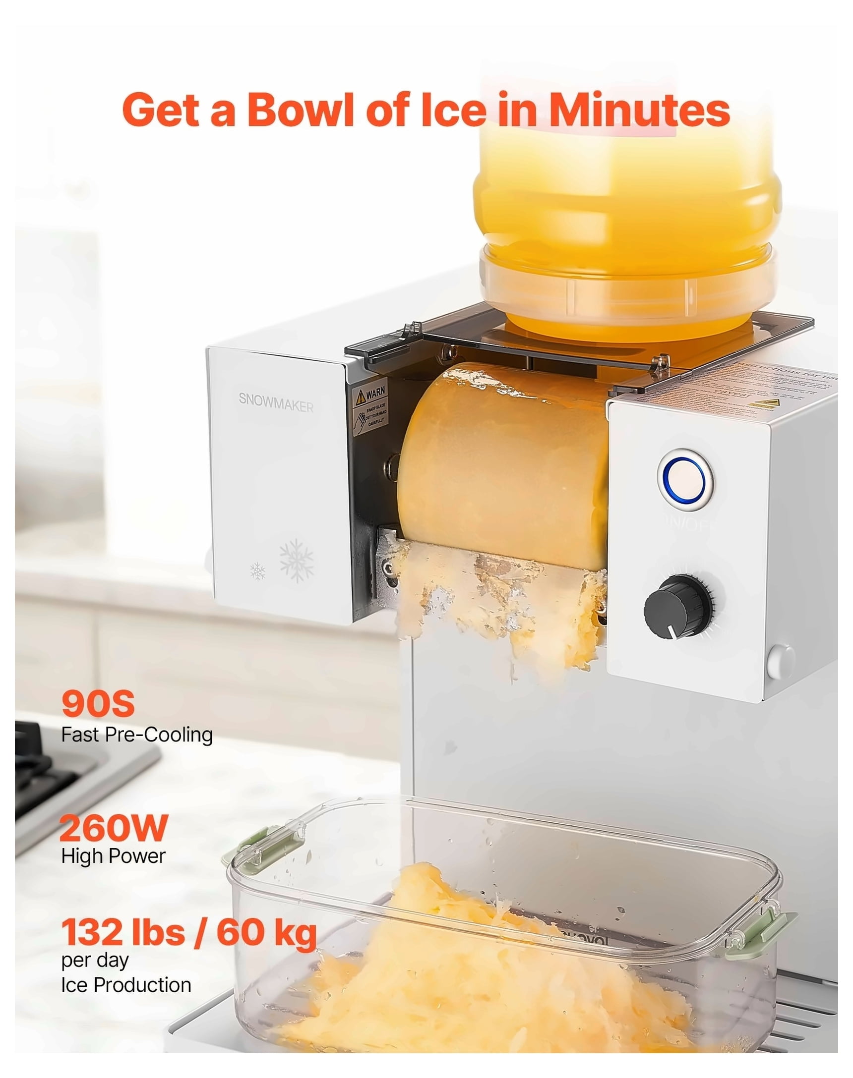 Snowflake Ice Machine 132LBS/24H, Electric Ice Shaver Maker with Stainless Steel Blade, 0.48Gal Tank, Fast Pre-Cooling, for Home & Parties