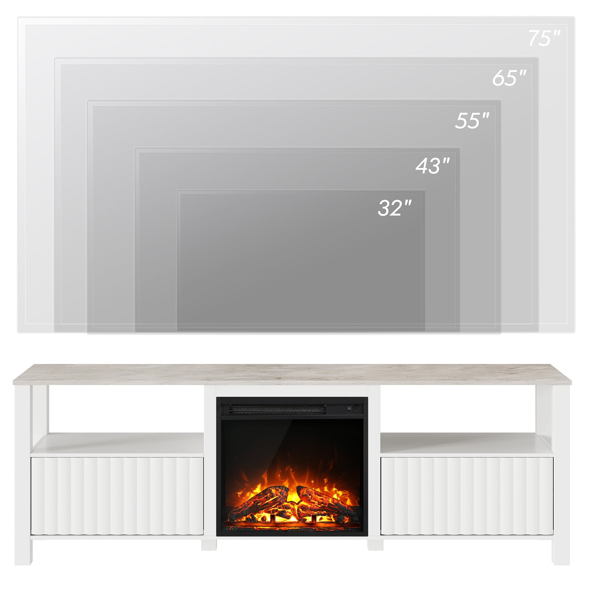 Modern LED Fireplace TV Stand for 75 inch TV and RGB LED Light, Entertainment Center with Storage Cabinets, White