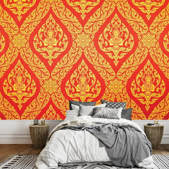 wall26 Traditional Thai Painting in red and Gold - Ornate Temple Decoration - Wall Mural, Removable Sticker, Home Decor - 100x144 inches