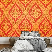 wall26 Traditional Thai Painting in red and Gold - Ornate Temple Decoration - Wall Mural, Removable Sticker, Home Decor - 66x96 inches