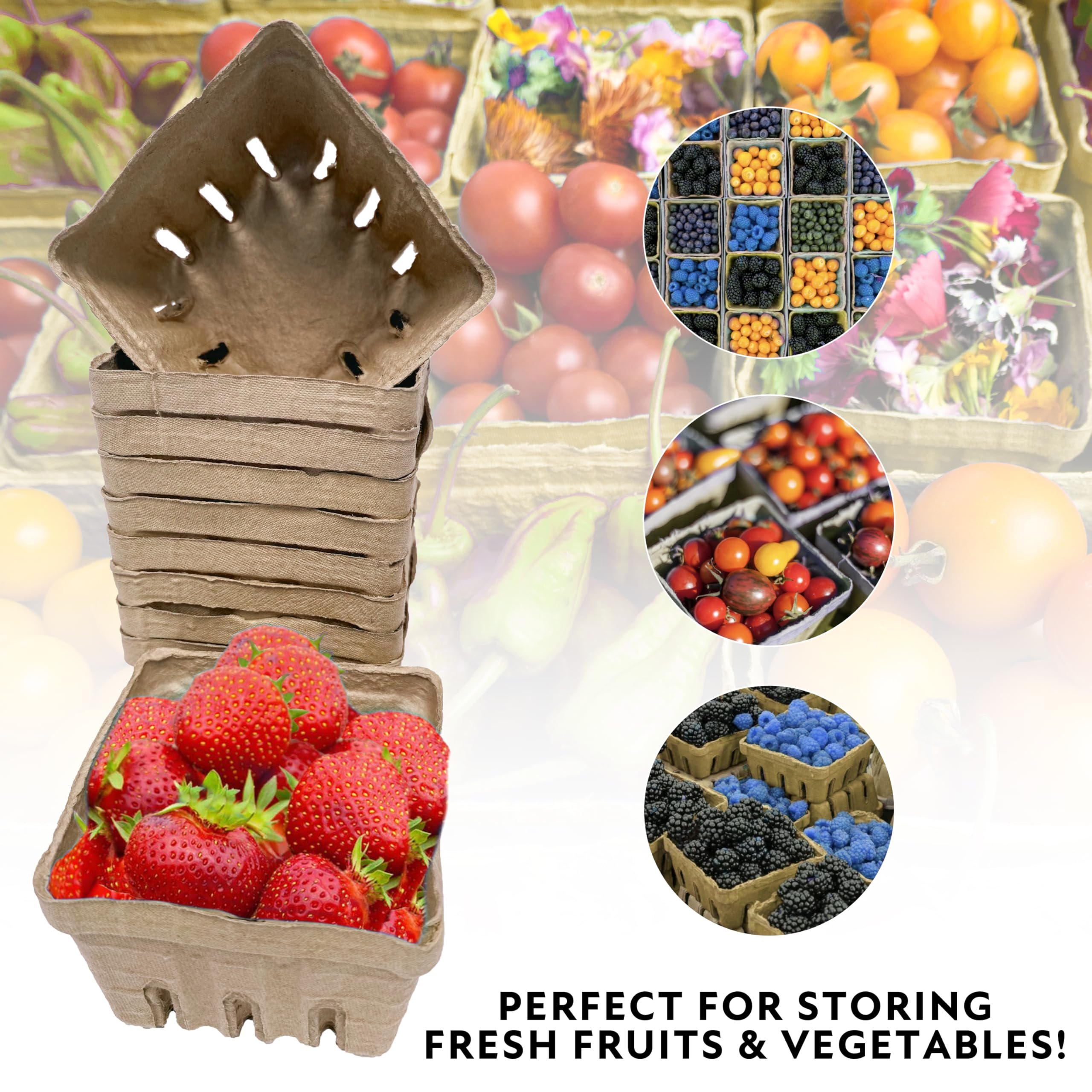 40 Pack Natural Berry Basket 1 Pint, Pulp Fiber Vented Produce Containers Farmers Market Basket, Fruit & Vegetable Containers
