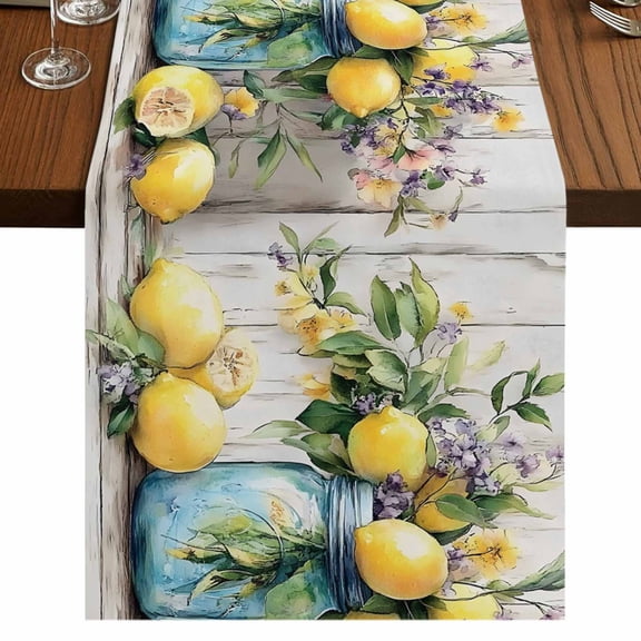 Rustic Lemon Vases 120 Inch Table Runner, Vintage Botanical Wooden Farmhouse Dresser Scarf Cotton & Linen Tablerunner for Dining/Kitchen Island/Holiday Party Décor 13" x 120"