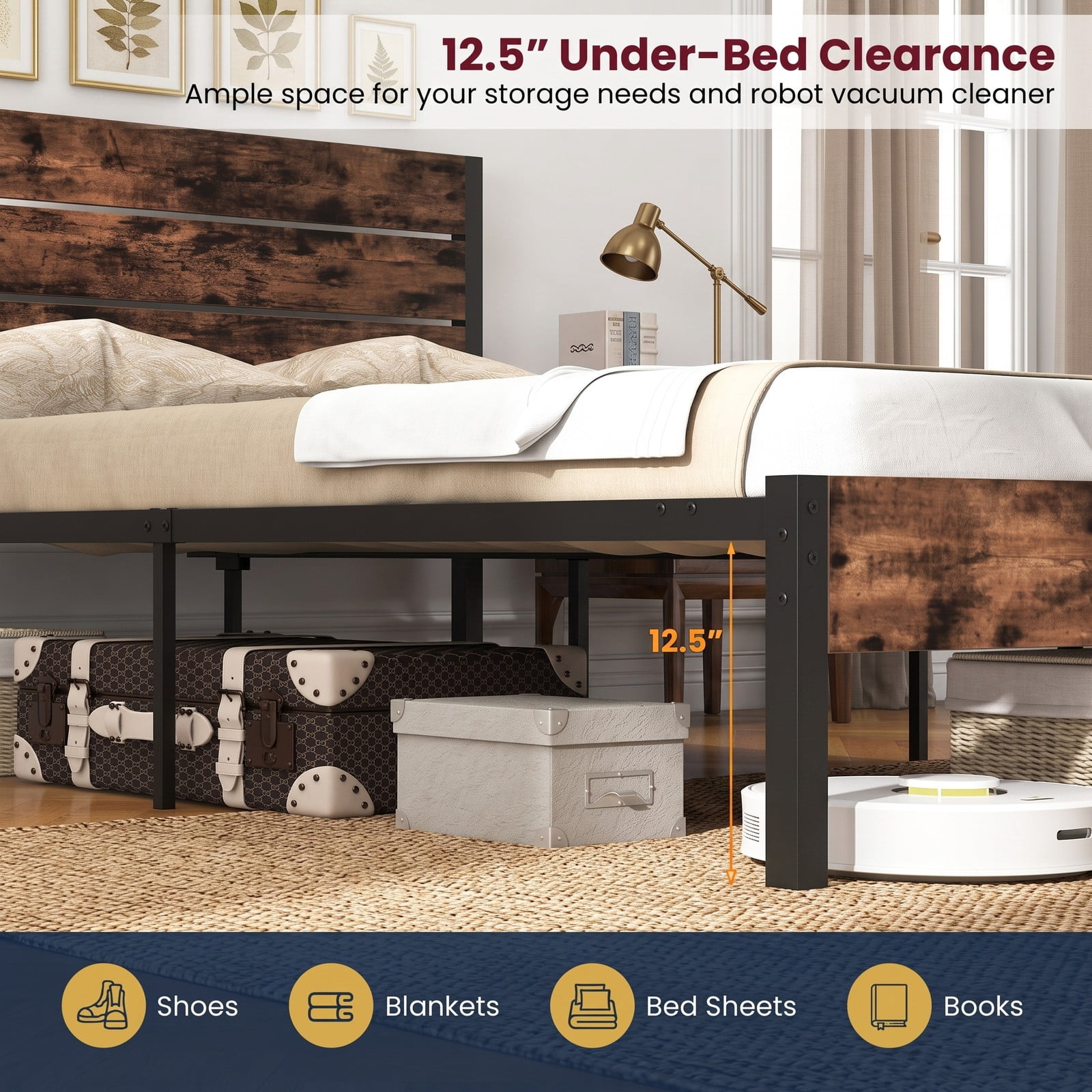 Furnibear Queen Size Bed Frame Metal Platform Bed with High Wood Headboard and Mute Bar, Heavy Duty No Box Spring Needed, Rustic Brown and Black