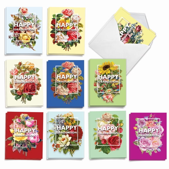 The Best Card Company 20 Assorted Blank Graduation Notecards Bulk Box Set (Graduate) 4 x 5.12 Inch with Envelopes (10 Designs, 2 Each) Flowers for Grad AM3532GDB-B2x10
