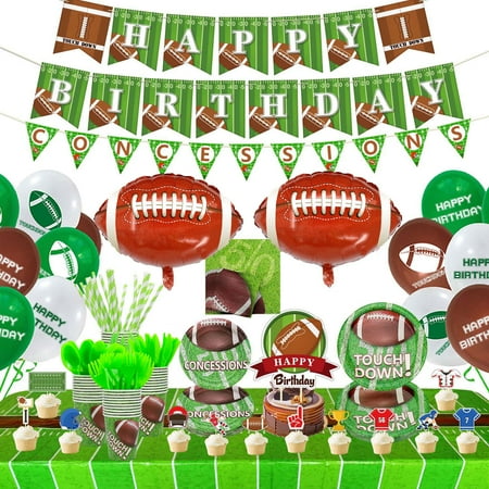 Football Theme Party Supplies - Including Plates, Cups, Napkins, Tablecloth, Tableware, Straws, Cake Topper, Balloons, Banner for Game Day and Football Birthday Decorations, Serves 20