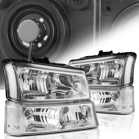Magshion Chrome Clear Headlights with Bumper Lamps 2 Pairs Pre-Assembled 6000K LED Bulb for 2003-2007 Chevy Silverado