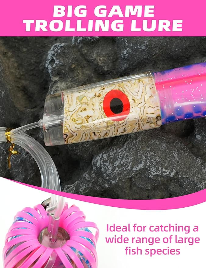 BLUEWING 15in Big Game Trolling Lure with Double Rigged Hookset and 300lb High Strength Fishing Line Saltwater Fishing Lures for Wahoo Tuna Marlin Mahi Mahi Pink/Blue