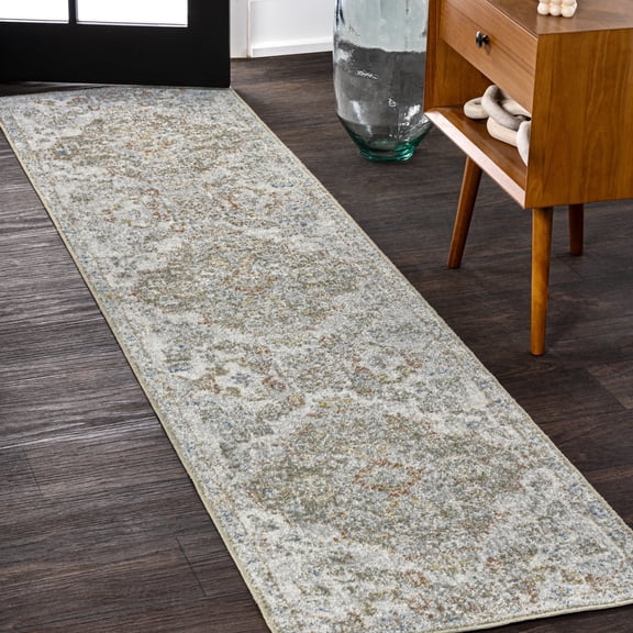 JONATHAN Y WASHABLE 2 x 8 Runner Rug, Shaemus Bohemian Medallion - Cream/Brown/Green, WSH320A-28