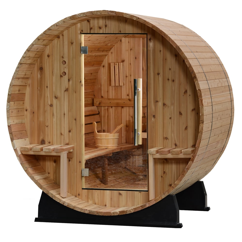 Vienna 2-Person Canopy Barrel Sauna in Rustic Cedar