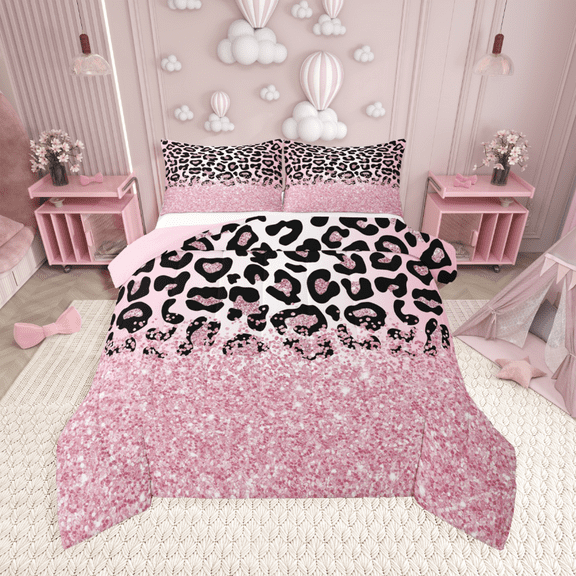 Manfei Leopard Print 2pcs Bedding Comforter Set,Sequin Print Twin Comforter Sets,Black Teal Breathable Bedding Set,Breathable Abstract Room Decor,Reversible