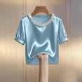 thumbnail image 3 of Krdevn Women Satin Pearl Collar Blouse, Short Puff Sleeve Solid Elegant Slim Fit Shirt for Office Work,Light Blue, 3 of 5