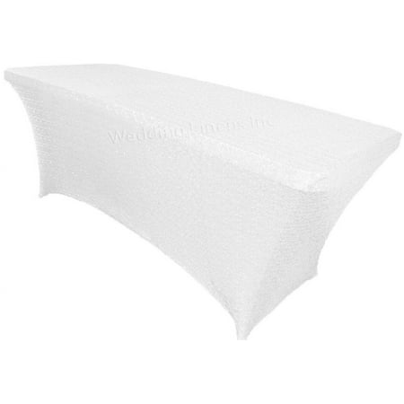 

Wedding Linens Inc. 8 Ft Sequin Rectangular Spandex Stretch Elastic Lycra Table Cover tablecloth for Wedding Events Party Décor use - White