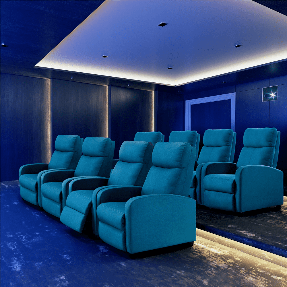 Renwick Fabric Push Back Theater Recliner Chair with Footrest, Blue