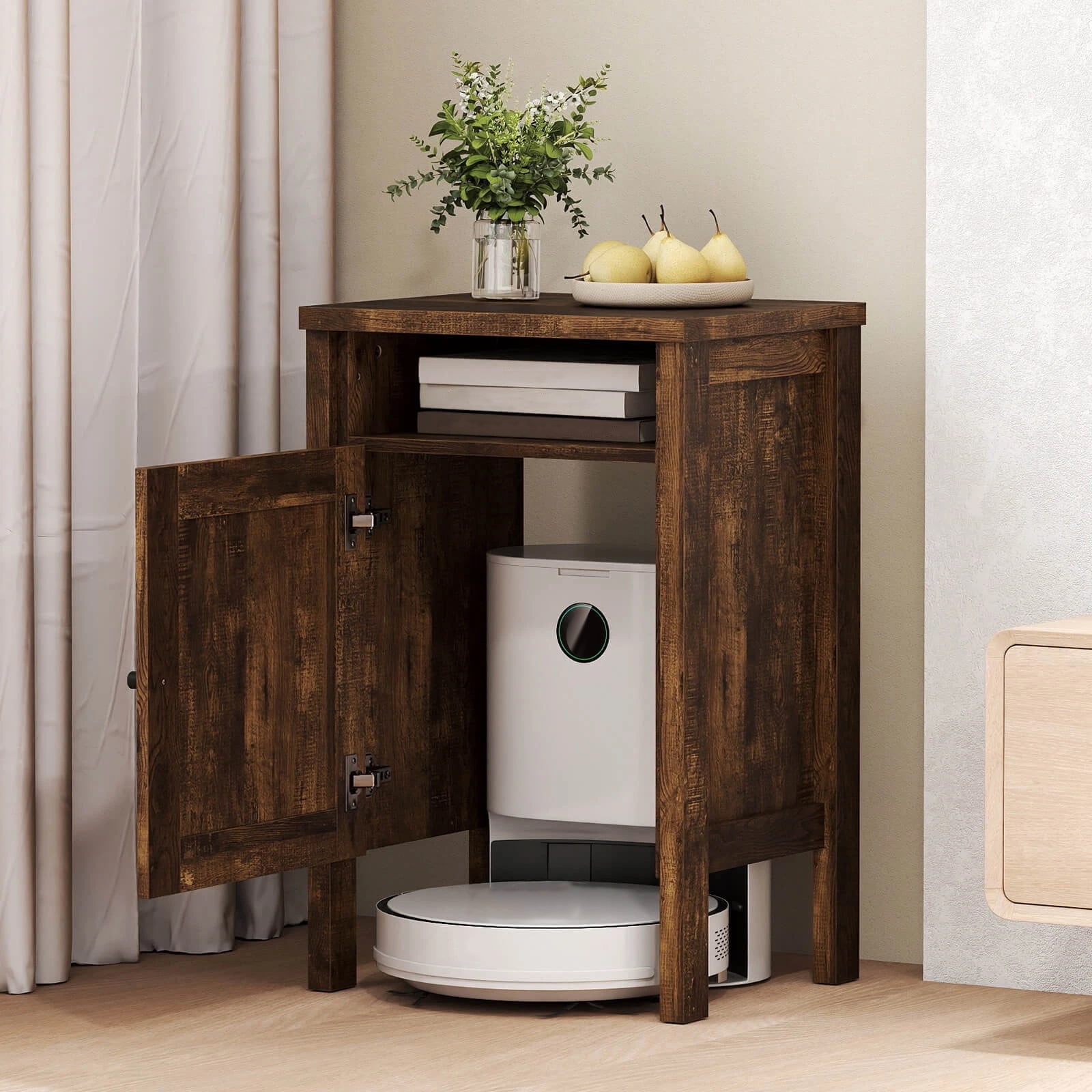 DRAZUNO Robot Vacuum Stand Cabinet with Door & Open Shelf for Home Office Living Room