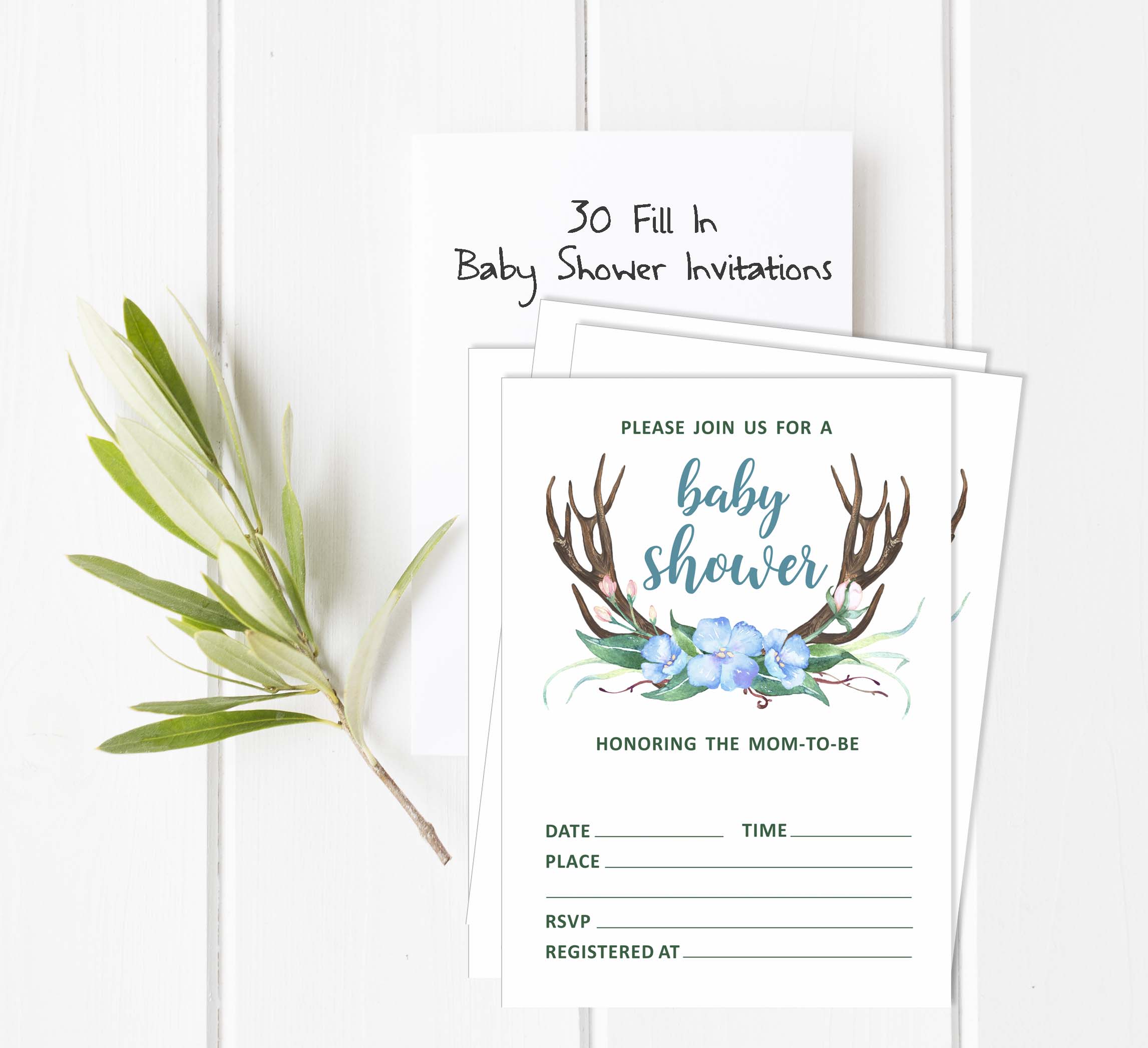 Inkdotpot 30Antler (Boy) Jungle Animals Baby Shower Invitation Cards Fill In Blank Invites