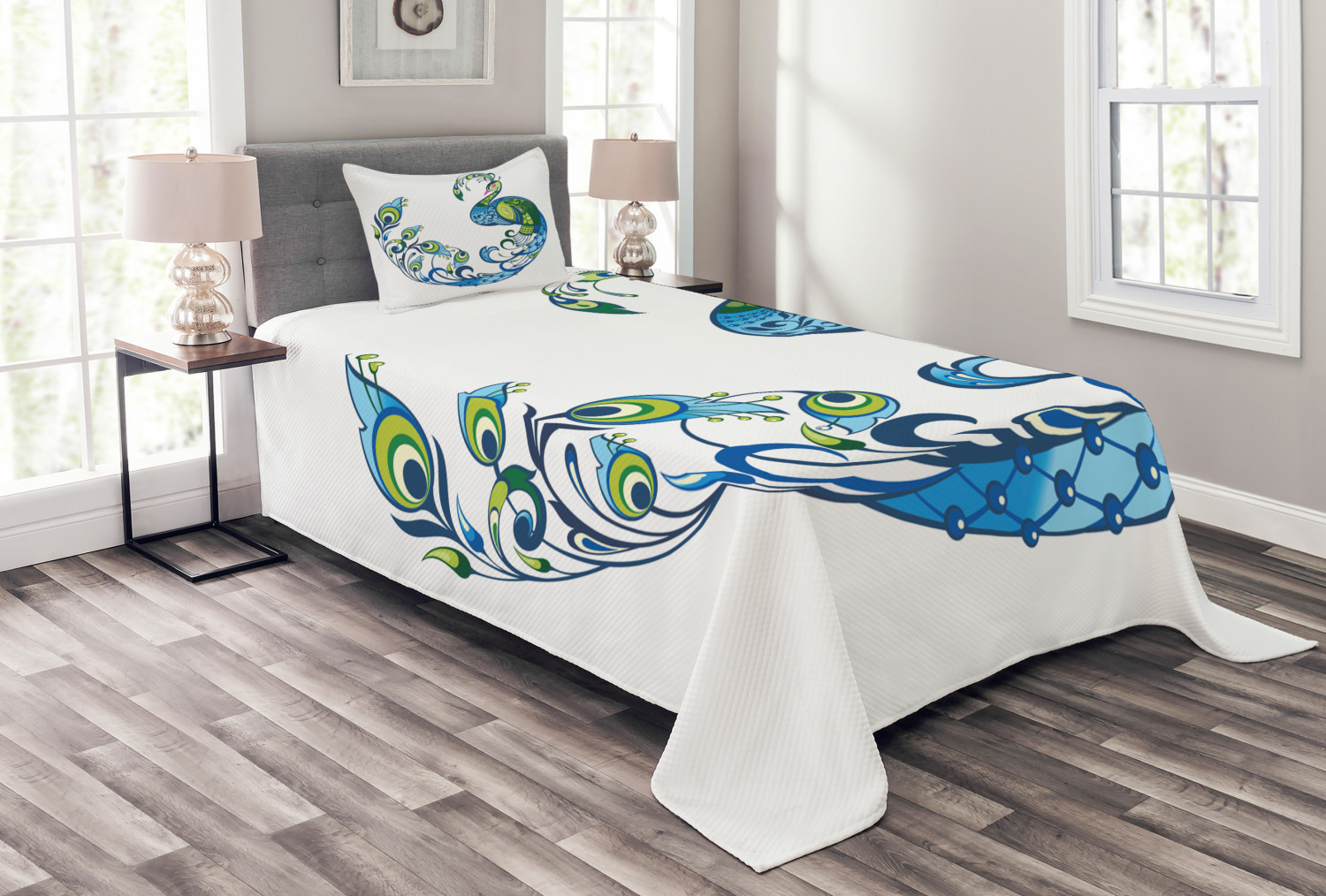 Peacock Bedspread Set, Peacock Colorful Fashion Curvy Pattern Tropical Summer Blossom Flourish
