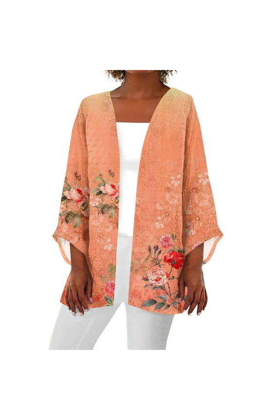 Women's Cardigan Dressy Casual Cover Up Three Quarter Sleeve Kimonos Floral Print Sweater Tops