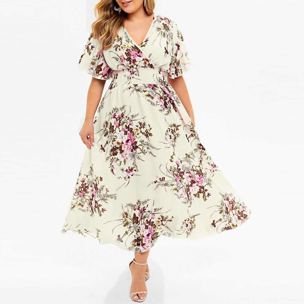 Lenago Plus Size Summer Dresses for Women 2022 Boho Flower Print Maxi ...