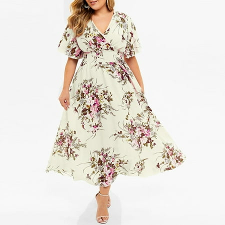 Lenago Plus Size Summer Dresses for Women 2022 Boho Flower Print Maxi Long Dress V-Neck Short Sleeve Dresses for Party Casual on Clearance