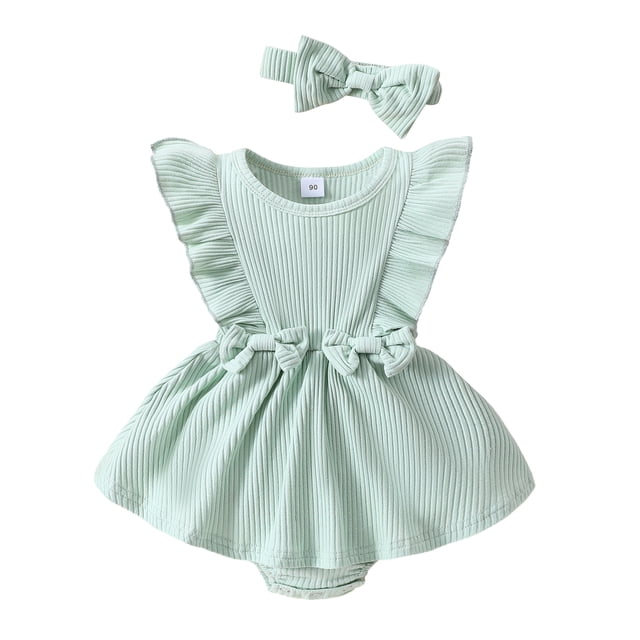 Gupgi Bébé Fille Nervuré Robe d'Été Solide Volants Combinaison Sans Manches Body avec Bandeau