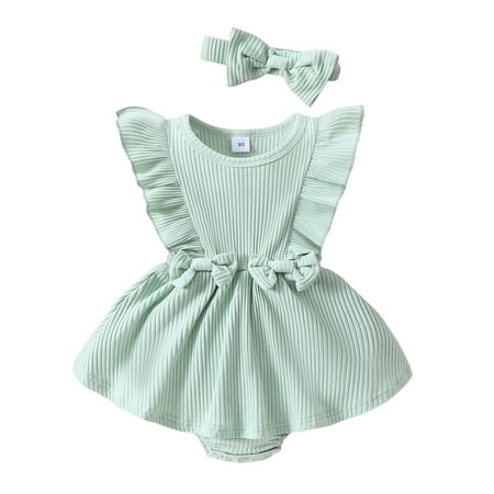 

Thaisu Baby Girl Summer 2Pcs Outfit Solid Ribbed Ruffled Sleeveless Bow Romper Dress with Headband