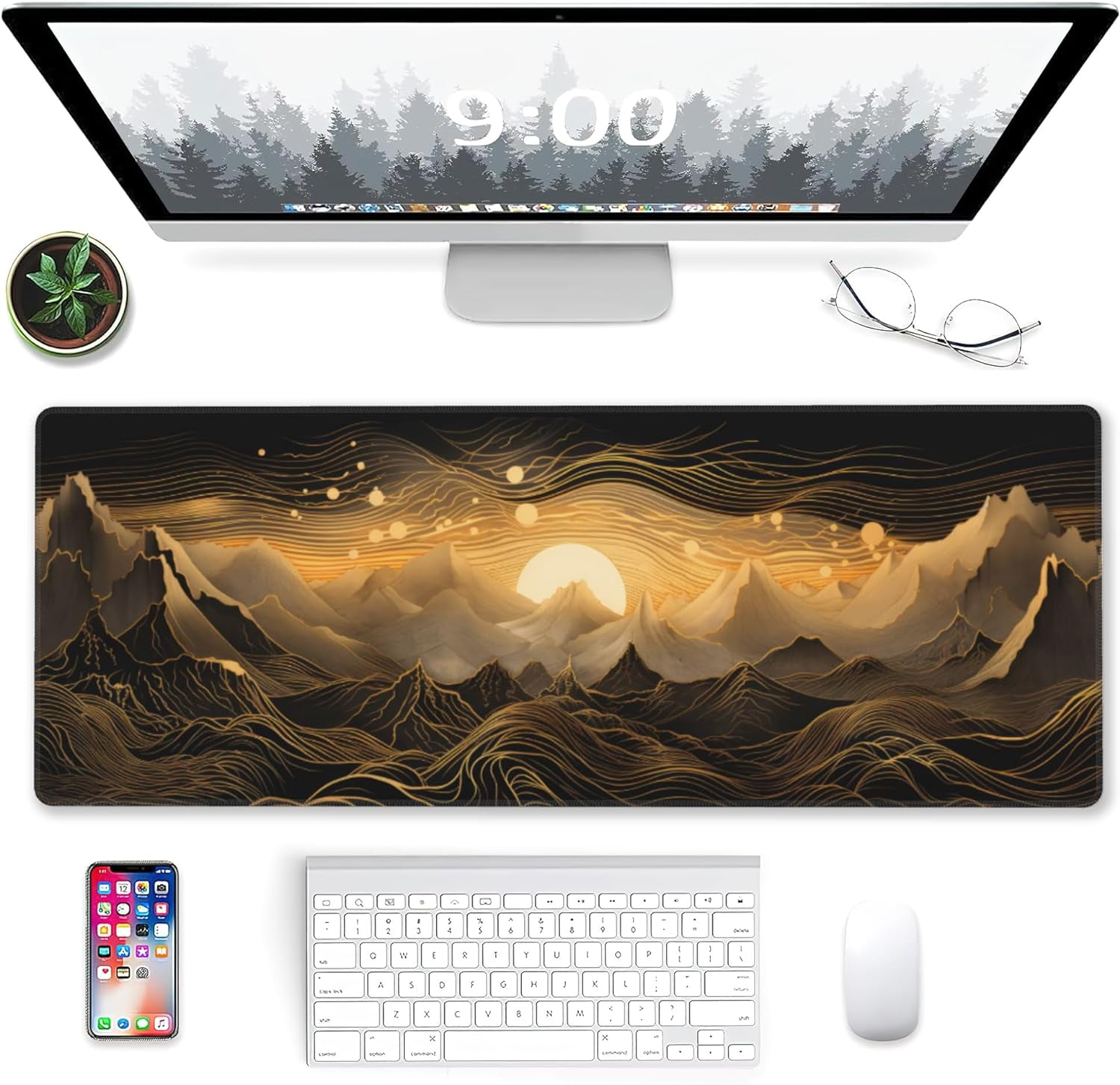 Gaming Mouse Pad,Black and Gold Mountains Landscape Extended Mouse Pad Gaming Large, 31.5"x11.8" Line Art Desk Mat with Non-Slip Base and Stitched Edge,Computer Keyboard Mouse Mat for Home Office Work