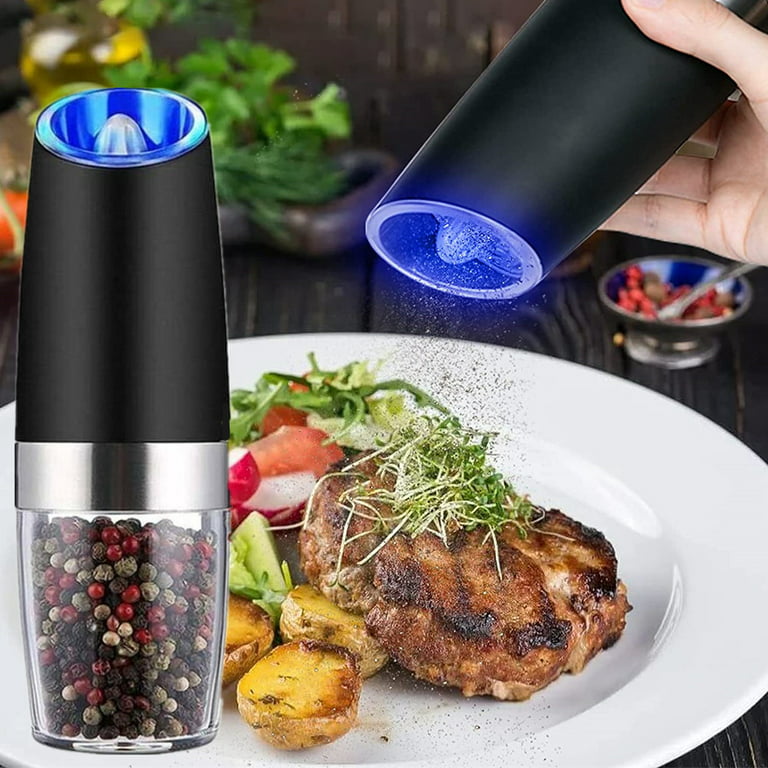 Electric Salt & Pepper Shakers Mills Set 80ml, Raycial Automatic Salt and Pepper  Grinder Set Battery Powered with Adjustable Coarseness, LED Light,  Stainless Steel Pepper Mill Grinder Kitchen Gadgets 
