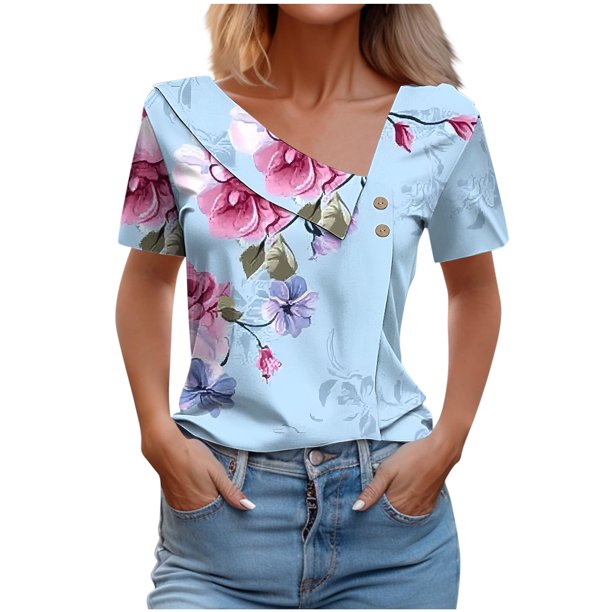 Camisetas de Manga Corta para Mujeres Casual, Camiseta con Botón Impreso a Damas para Diario, Espectáculo Y Fiesta