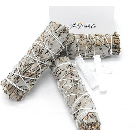 ThePrideCo California 4" White Sage Smudge Sticks (3) Wand/Bundle with Selenite & Quote