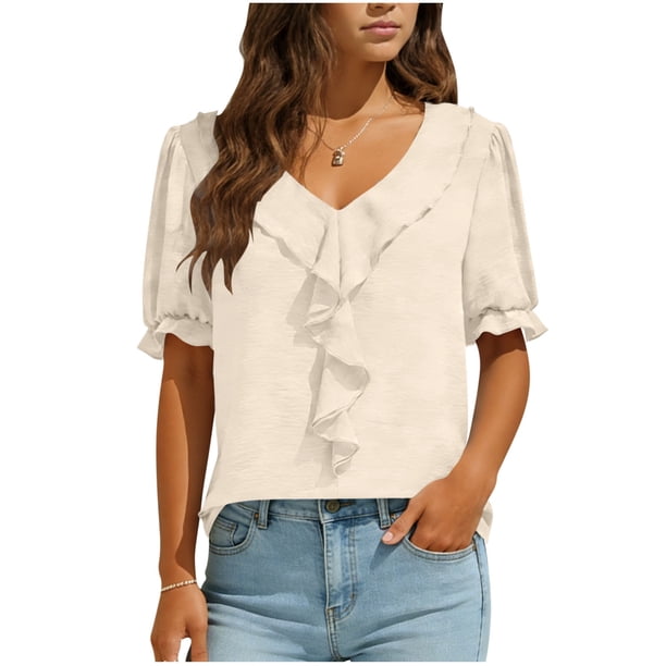 Camisas de Manga Corta para las Mujeres Blusa de Suéter de Cuello en V Casual para las Mujeres, Top de Estiramiento Suave para Uso Diario Y de Fiesta