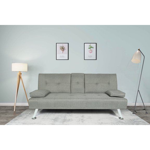 Modern Linen Futon Sofa Bed, Convertible Folding Couch Sleeper for Living Room with Removable Armrests and 2 Cup holders (Gray)