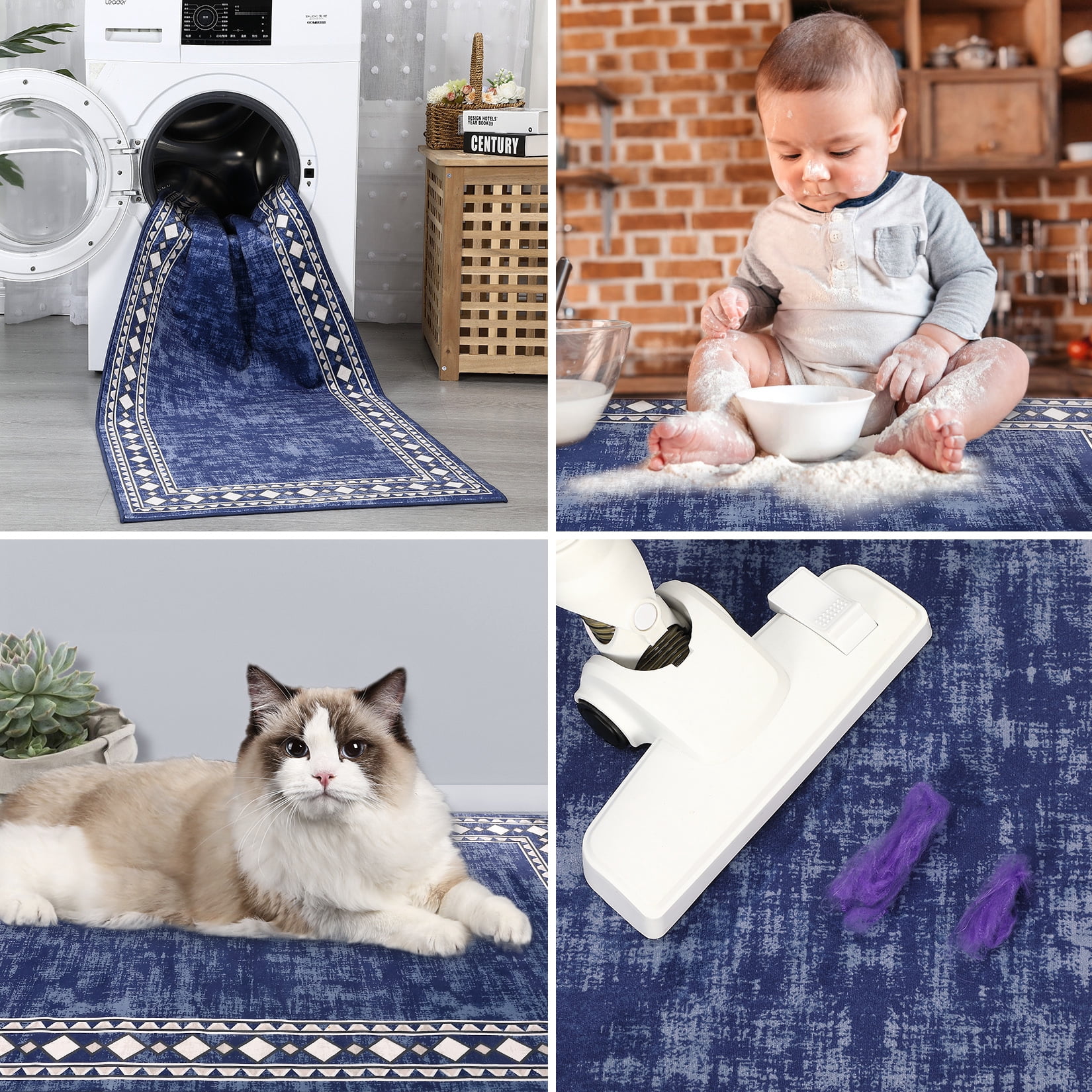 GlowSol 2'x6' Hallway Runner Rug Border Rug Non-Slip Kitchen Bedsides Rug Geometric Border Rug Runner for Laundry Room Bedroom, Navy Blue