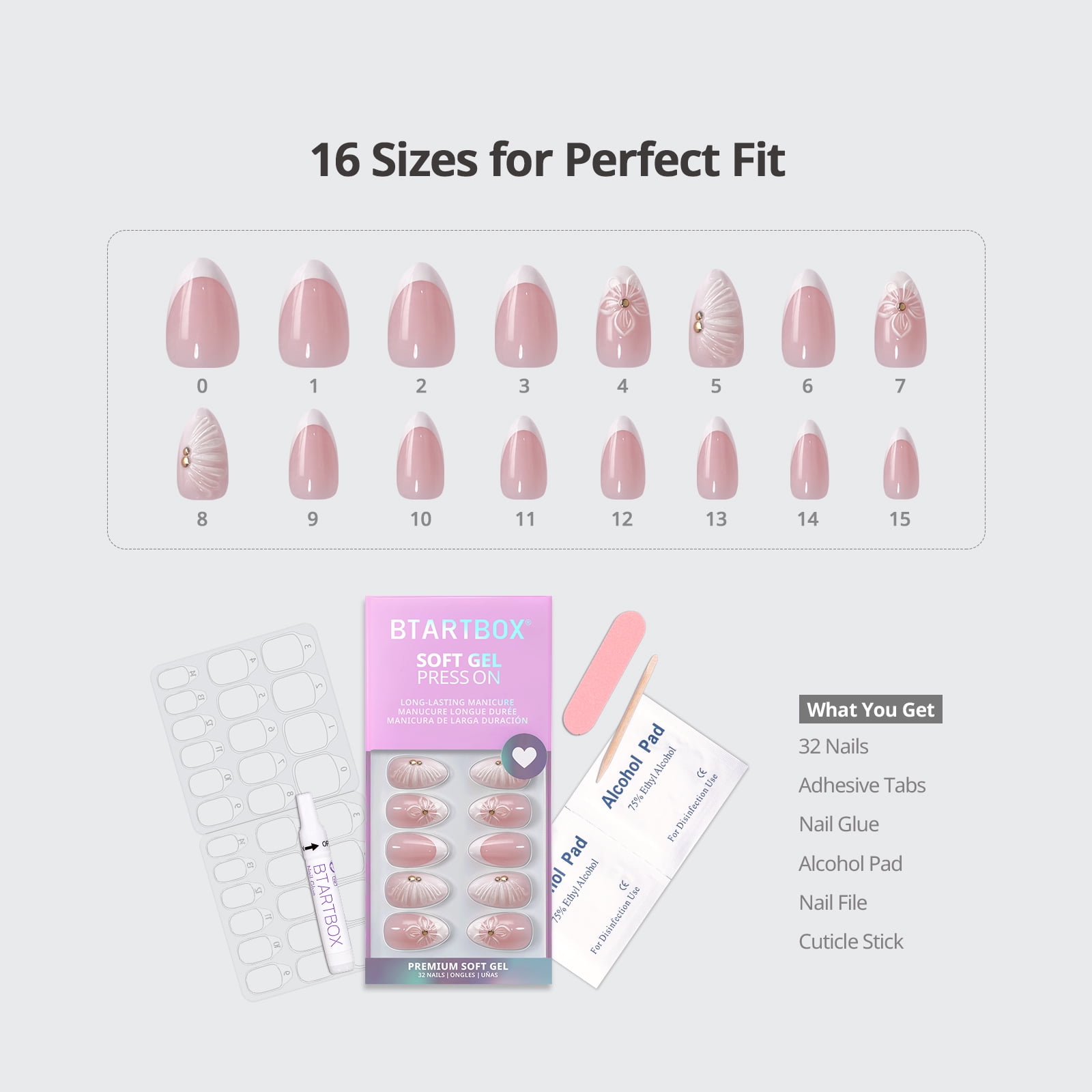 BTArtbox Press On Nails - Dew-Kissed Bud, Short Almond, 2-Week Wear, Easy-to-Apply, 32 Count All-in-One Kit